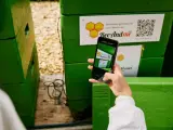 Ręka trzyma smartfon, by zeskanować kod QR na zielonym ulu. Aplikacja BeeAndMe pokazuje podgląd.
