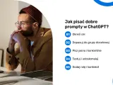 Mężczyzna w okularach i czapce myśli nad tym, jak pisać dobre prompty w ChatGPT. Lista podpowiada: określ cel, dopasuj do grupy docelowej, pisz jasno i konkretnie.