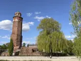 Wieża zamkowa w Brodnicy, otoczona zielenią, na tle błękitnego nieba z chmurami. Piękny dzień na Pojezierzu Brodnickim.