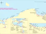 Mapa polskiego wybrzeża z zaznaczonymi przystaniami.