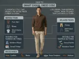 Guía de **smart casual dress code**: hombre con polo marrón y chinos beige. Ideal para oficinas modernas y eventos sociales.