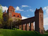 Majestatyczny zamek w Kwidzynie, z czerwonej cegły, z charakterystycznym gdaniskiem i długim, arkadowym murem obronnym, wznosi się na zielonym wzgórzu pod błękitnym niebem.