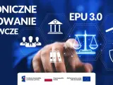 Elektroniczne postępowanie upominawcze (e-sąd) to cyfrowa ścieżka do złożenia pozwu o zapłatę. Grafika przedstawia symbole prawa i sprawiedliwości.