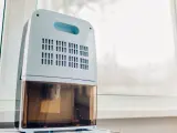 Deumidificatore bianco e azzurro con serbatoio trasparente, posizionato vicino a una finestra. Il deumidificatore fa aria calda, creando un ambiente confortevole.