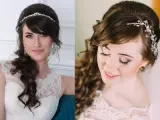 Eleganckie fryzury na wesele z grzywką, warkocze i loki, ozdobione tiarami i spinkami.