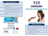 Obraz przedstawia plakat informacyjny o zdrowiu psychicznym. Widać na nim hasła "Depresja i zdrowie psychiczne", "Nie oceniaj - wspieraj" oraz dane kontaktowe do telefonów zaufania, w tym antydepresyjnego. W tle znajduje się zdjęcie osoby ukrywającej t...