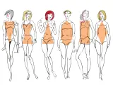 Sześć kobiet w strojach kąpielowych, każda z zaznaczonym innym typem **body shape**.