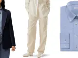 Traje a rayas azul marino, conjunto beige y camisa azul claro. La moda andrógina significa libertad de expresión.