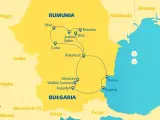 Mapa turystyczna Rumunii i Bułgarii z zaznaczonymi trasami przez góry i miasta. Widoczne lotniska na Morzu Czarnym.