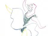 Dessin abstrait aux couleurs vives. Une ligne bleue esquisse une forme, tandis que des formations vertes et roses créent un mouvement dynamique.