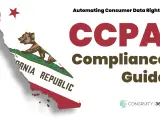 California map with bear, "Automating Consumer Data Rights CCPA Compliance Guide" text. Learn the CCPA meaning and how to comply.