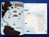 Mapa Atlantyku z trasami podróży: statki, samoloty, żaglowce, łodzie podwodne. Aleksander Doba przepłynął ocean dwukrotnie.