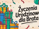 Kolorowe prezenty i balony tworzą radosną atmosferę. Idealne życzenia dla brata na urodziny!