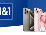 1&1 Logo neben iPhones in Silber und Rosa auf blauem Hintergrund.