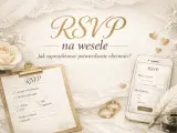 Czy warto inwestować w stronę internetową wesela RSVP i mapki online? Elegancka grafika z różą, obrączkami i formularzem RSVP na telefonie i kartce.