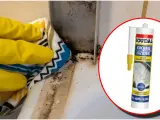 Rękawiczki i ściereczka czyszczą pleśń przy wannie. Obok tubka z napisem "Soudal Kuchnie Łazienki Silikon Sanitarny Neutralny".