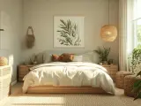 Helles, natürliches Schlafzimmer im Boho-Stil. Die sanften Erdtöne und Pflanzen schaffen eine harmonische feng shui schlafzimmer farbe Atmosphäre.