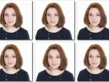 Szestokrotne ujęcie tej samej kobiety z rudymi włosami, idealne jako jakie zdjęcie do paszportu.