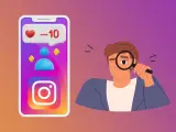 Mann mit Lupe schaut auf Instagram-App mit Herz und -10 Followern.