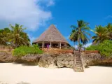 Tropikalny domek z krytym strzechą dachem na skale, obok palm. Marzysz o podróży? Sprawdź, ile się leci na Zanzibar!