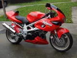 Czerwony motocykl Suzuki TL1000 z napisem "V-TWIN SUPER SPORT" na owiewce, zaparkowany na mokrej nawierzchni obok trawnika.