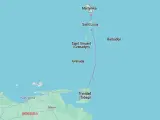 Mapa pokazuje, gdzie leżą Karaiby: Martynika, Saint Lucia, Saint Vincent i Grenadyny, Grenada, Trynidad i Tobago, Barbados, blisko Wenezueli.