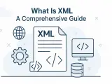 Ilustracja przedstawia dokument z napisem XML, ikonę komputera z kodem, bazę danych i globus. To przewodnik po pliku XML.