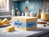 En stor bit Bregott ligger på ett snöigt köksbord. Frågan är: kan man frysa bregott? Snöflingor faller i bakgrunden.