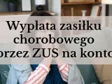 Kobieta z chusteczką w ręku, na kanapie, z tekstem o wypłacie zasiłku chorobowego przez ZUS.