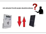 Jak odczytać licznik prądu dwukierunkowy? Obrazek pokazuje licznik, panel słoneczny i znak zapytania, sugerując pytanie o odczyt.