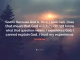 Silhouette of a pine tree against a sunset sky with the quote: "God is. Because God is, I live, I love, I am. Does that mean that God exists? I do not know what that question means. I experience God; I cannot explain God. I trust my experience." - John...