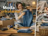 Kobieta z uśmiechem przegląda ubrania, pokazując, że moda cyrkularna to nowy trend. Widać też odświeżanie swetrów i kosz z ubraniami.