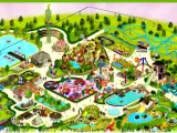 Isometric map of Etnaland theme park, showing rides, attractions, and themed areas like Prehistoria.