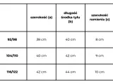 Tabela rozmiarów odzieży: rozmiar 116/122 odpowiada wiekowi ok. 6-7 lat. Podane wymiary: szerokość (a) 42 cm, długość (b) 44 cm, szerokość ramienia (c) 10 cm.