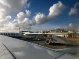 Pisa International Airport, the closest airport to Cinque Terre, with a Ryanair plane on the tarmac.