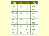Tabela rozmiarów obuwia: 6,5 US to 38 EU, 22,9 cm.