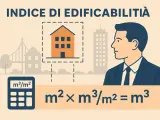 Calcolo dell'indice di edificabilità mq/mq: un uomo d'affari osserva una casa e una formula matematica con una calcolatrice.