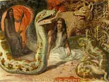 A young woman sits between a giant serpent and a wolf, a scene from Norse mythology depicting Loki's children.