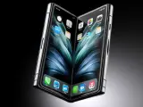 En futuristisk iPhone flip-telefon med två skärmar som visar ikonerna för appar.