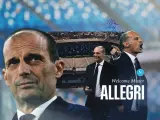 Max Allegri, nowy trener Napoli, w garniturze na tle stadionu.