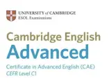 Logo University of Cambridge ESOL Examinations. Napis Cambridge English Advanced, Certificate in Advanced English (CAE), CEFR Level C1.