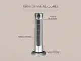 Ventilador de torre plateado, uno de los tipos de ventiladores modernos. Incluye mando a distancia y potencia de 45 vatios.