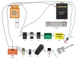 Schemat pętli efektów gitarowych z dwoma wzmacniaczami (Orange i Engl), pedałami (delay, chorus, tremolo, drive) i innymi urządzeniami.