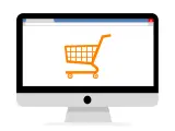 Monitor z ikoną koszyka zakupowego, symbolizujący branżę e-commerce i zakupy online.