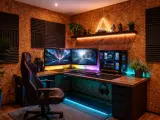 Gamer setup z korkową ścianą i panelami akustycznymi. Idealne miejsce, by dowiedzieć się, jak tanio wygłuszyć pokój.