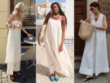 Tre donne con abiti bianchi leggeri. Idee su quale abito in pizzo che scarpe abbinare: sandali bassi, espadrillas o infradito.
