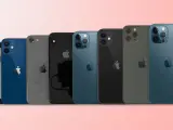 Rad av iPhones i olika färger och iphone storlekar, från SE till Pro Max-modeller.