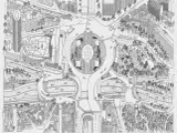 Un croquis de Paris, vu du ciel, avec un rond-point central, des immeubles, des routes sinueuses et un parc verdoyant.