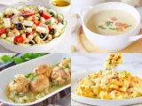 Cuatro platos de comida: ensalada de garbanzos, sopa cremosa, albóndigas y macarrones con queso.