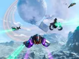 Naves espaciales combaten en un planeta alienígena, con un planeta anillado al fondo. ¡Ideal para quienes buscan los no man's sky requisitos!